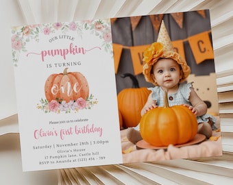 Little Pumpkin First Birthday Invitation, Pink Floral, Girl 1st Invite (Editable, Digital Download)