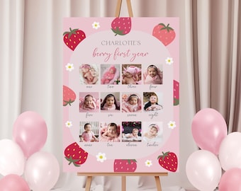 Póster fotográfico del primer cumpleaños de Berry, temática de fresas (descarga digital)