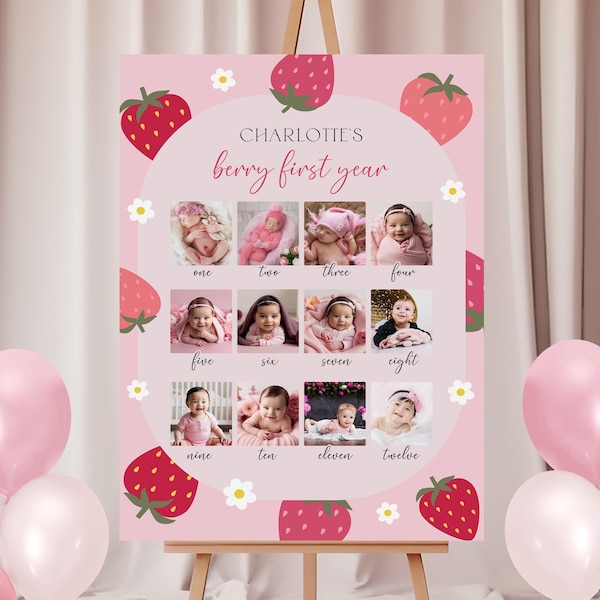 Berry First Birthday Photo Poster, Strawberry Theme (Digital Download)
