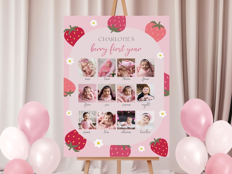 Berry First Year Photo Sign Monthly Photo Sign Berry First Birthday Decor Strawberry Birthday Party Sign Monthly Picture Poster 1st Birthday