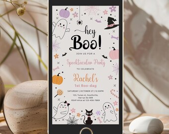 Halloween-Geist-Geburtstagseinladung, Hey Boo Party (bearbeitbare digitale Einladung)