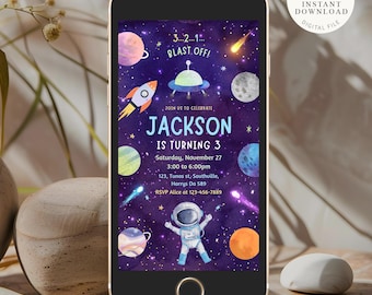 Invito di compleanno a tema spazio, astronauta galattico, modello Canva (invito per telefono)