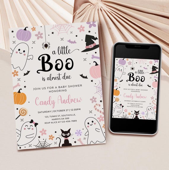 Halloween Baby Shower Invitation, Pink Ghost Invite (Digital Download)