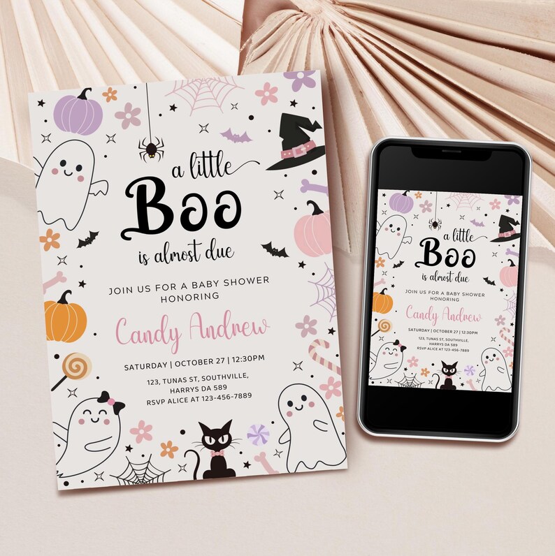 A little boo is almost due invitation, digital invite template baby shower, pink Halloween baby shower invitations, cute ghost invite