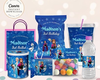 Kit per festa di compleanno a tema Frozen, decorazioni invernali (modello Canva modificabile)