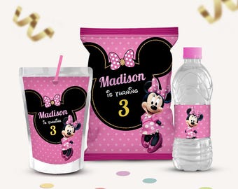 Paquete rosa para fiesta de cumpleaños de Minnie Mouse, recuerdos de fiesta de Minnie Mouse. Bolsa para papas fritas, botella de agua, etiquetas Caprisun, kit para fiesta, Canva editable, B147