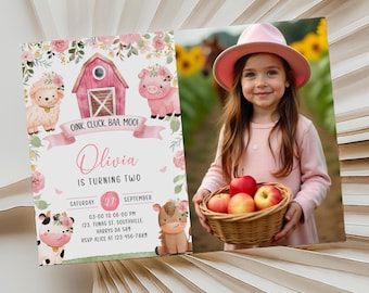 Girl Farm Animals Birthday Invitation, Pink Floral Barnyard (Printable Editable Download)