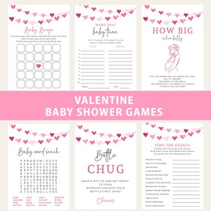 Lot de jeux pour baby shower pour la Saint-Valentin, ensemble de modèles une petite chérie, cartes modifiables, pack de jeux imprimables, coeur rouge rose ondulé, B477