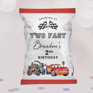 Cars Birthday Party Chip Bags Wrapper Label Editable Race Car Lightning McQueen Snack Bag Printable, Two Fast, Second birthday Favor, B622