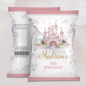 Princess Birthday Party Decor, Princess Castle Editable Chip bag label wrapper, Pink and gold glitter Party, Fairytale Party favors, B290