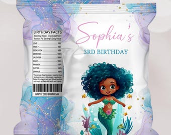 Etiqueta para bolsa de patatas fritas con diseño de princesa sirena africana, ideal para fiestas de cumpleaños (descarga instantánea).