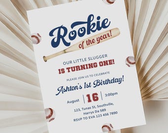 Invitación de primer cumpleaños con temática de béisbol, Novato del Año, Plantilla editable (Descarga digital)