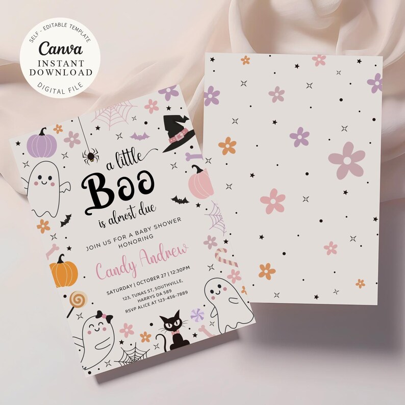 A little boo is almost due invitation, digital invite template baby shower, pink Halloween baby shower invitations, cute ghost invite