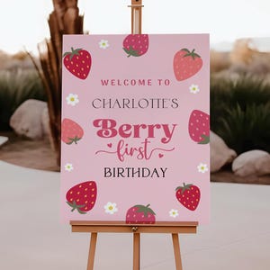 Erdbeere Geburtstag Willkommen Zeichen Beere Süße Dekoration Mädchen 1. Geburtstag Bearbeitbare Erdbeere Party Dekor Sofortiger Download Vorlage, B408