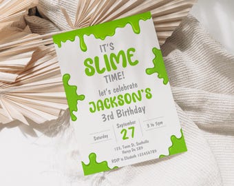 May include: Green slime themed birthday party invitation for Jackson's 3rd birthday. The invitation features green slime dripping down the sides of a white card with the text "It's Slime Time! Let's celebrate Jackson's 3rd Birthday". The invitation includes the date, time, and location of the party.