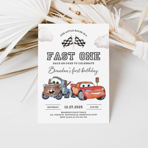Cars Birthday Invitation, Fast One, Lightning McQueen Invitation, Kids First Birthday Invite, Digital Invitation, Canva Editable Evite, B623
