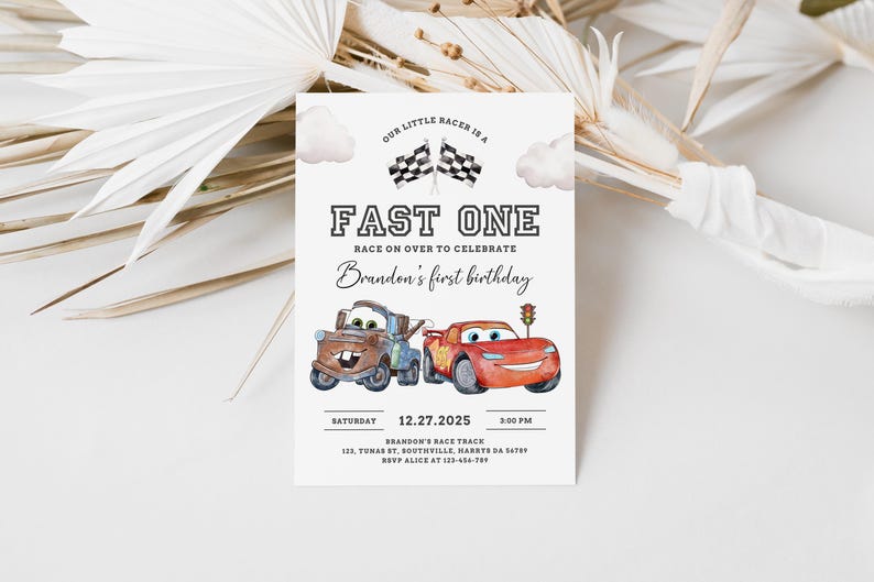 Cars Birthday Invitation, Fast One, Lightning McQueen Invitation, Kids First Birthday Invite, Digital Invitation, Canva Editable Evite, B623