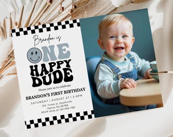 One Happy Dude Birthday Invitation, First Birthday Photo Invite (Digital Download)