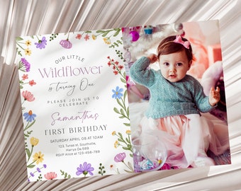 Wildflower First Birthday Invitation, Photo, Garden Party (Digital Download)