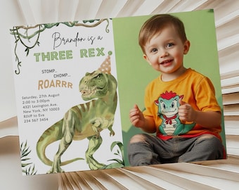Three Rex Dinosaur 3rd Birthday Photo Invitation (Printable Template)