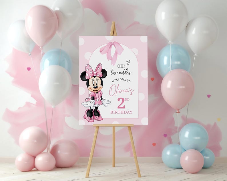 Minnie Mouse TwoDles Birthday Welcome Sign Template | Editable Printable Party Sign | Canva Digital Download | Girl Birthday Decoration
