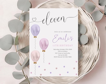 11th Birthday Invitation Girl, Balloons Evite (Digital Download)