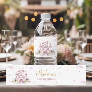 Little Princess Water Bottle Label Princess Birthday Party Bottle Sticker Royal Celebration Party Decor, Pink Gold Glitter Castle Canva B290
