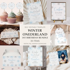 Winter ONEderland Birthday Party Bundle, Boy Girl Snowflake 1st Birthday, First ONEderland Party with Photo, Holiday Birthday Bundle, B427