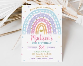Pastel Rainbow Birthday Invitation, Editable Template (Digital Download)