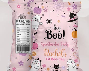 Ghost Chip Bag Label, Pink Halloween Birthday (Editable Template)