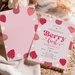 Berry First Birthday Invitation, Editable 1st Birthday Girl Invite, Printable Strawberry Evite Girl Invite Template Berry Sweet Pink