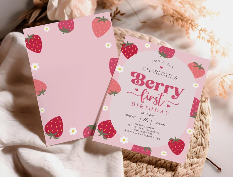 Berry First Birthday Invitation, Editable 1st Birthday Girl Invite, Printable Strawberry Evite Girl Invite Template Berry Sweet Pink