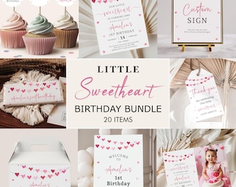 May include: A pink and white printable birthday party bundle for a little girl's first birthday. The bundle includes a welcome sign, a custom sign, a thank you tag, cupcake toppers, a chocolate bar wrapper, and a printable invitation. The theme is "Little Sweetheart" and features pink hearts and a banner.