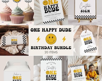 One Happy Dude Birthday Party Bundle, Retro First Birthday (Editable)