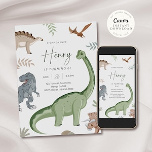Faire-part d'anniversaire dinosaure, modèle d'invitation de fête d'anniversaire dinosaure, écraser le garçon sur le dinosaure, téléchargement immédiat, B318