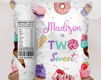 Two Sweet Birthday Chip Bag, Pastel Dessert Party Favor (Editable Printable Download)