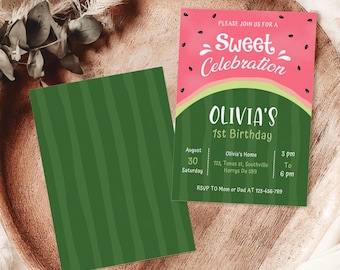 Watermelon Birthday Invitation, Girl Summer Party (Editable Template)