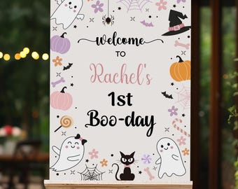Cartel de bienvenida de cumpleaños de Halloween en tonos pastel para niña, plantilla editable (descarga digital)