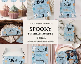 Editable 1st Boo Day Birthday Invitation Bundle, Spooky Halloween Decor (Instant Download)