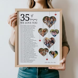 May include: A framed print with the text "35 Reasons We Love You" and heart-shaped photo collages. The print includes a list of reasons and is held by a person. The frame is a light brown color.