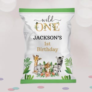 Jungle Safari Wild ONE Chip Bag, 1e verjaardag, bewerkbare canvassjabloon (digitale download)