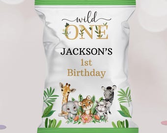 Jungle Safari Wild ONE Chip Bag, 1. urodziny, edytowalny szablon Canva (pobranie cyfrowe)