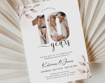 Boho 10th Anniversary Invitation, Photo Template (Digital Download)