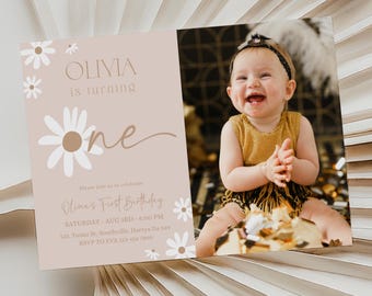 Boho Daisy Party Invitation First Birthday Invite Boho Party Invite Birthday Invite for Girls Daisy Birthday Theme 1st Birthday Invite, B378