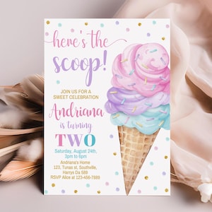 Bearbeitbare Eis-Geburtstagseinladung Zweite Geburtstagsfeier Hier ist die Schaufel Cone Pink Mint Gold Lila Printable Editable Download, B334