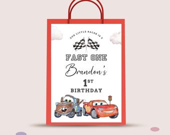 Etichetta modificabile per sacchetto regalo di primo compleanno a tema Cars, Saetta McQueen (download digitale)
