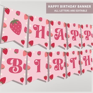 Plantilla de pancarta de cumpleaños con diseño de fresa, banderines para primer cumpleaños con diseño de bayas, decoración para fiesta de primer cumpleaños de niña, pancarta de feliz cumpleaños imprimible, B408
