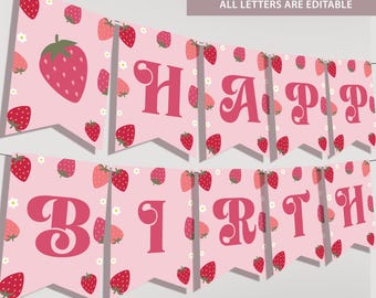 Strawberry 1st Birthday Banner, Girl Party Decor (Digital Download)