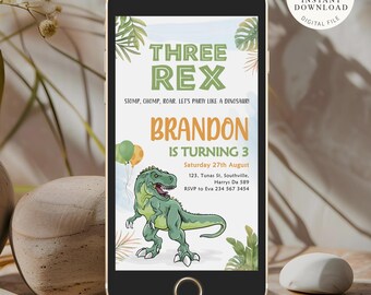 Three Rex Dinosaur Birthday Invitation, Editable Phone Evite (Digital Download)
