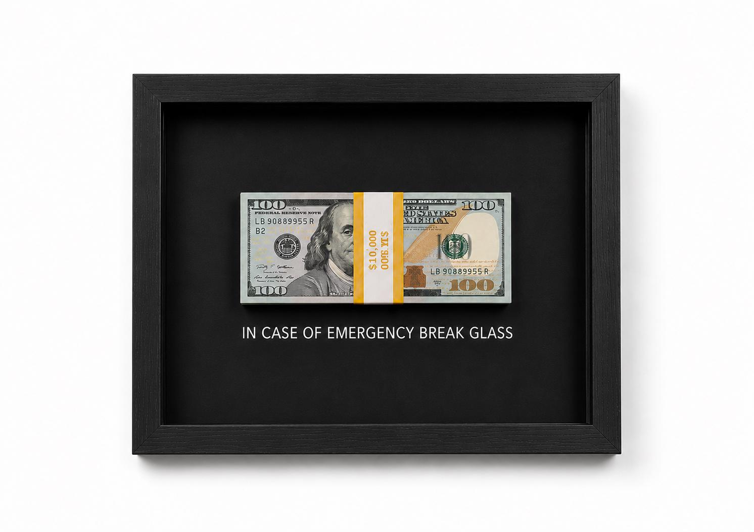 Dollar Bill Art Black Frame - Money Wall Decor.- In case of emergency, break the glass - Picture with dollar bills